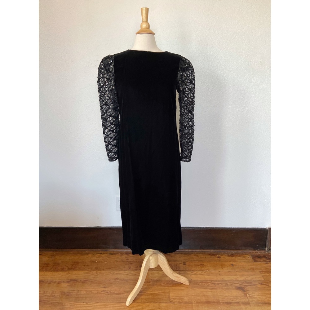 Vintage 70s Black Velvet Long Sheer Lace & Sequin Sleeve Button Back Dress